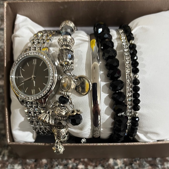 Silver and Black Watch Bracelet Set - Picture 1 of 1